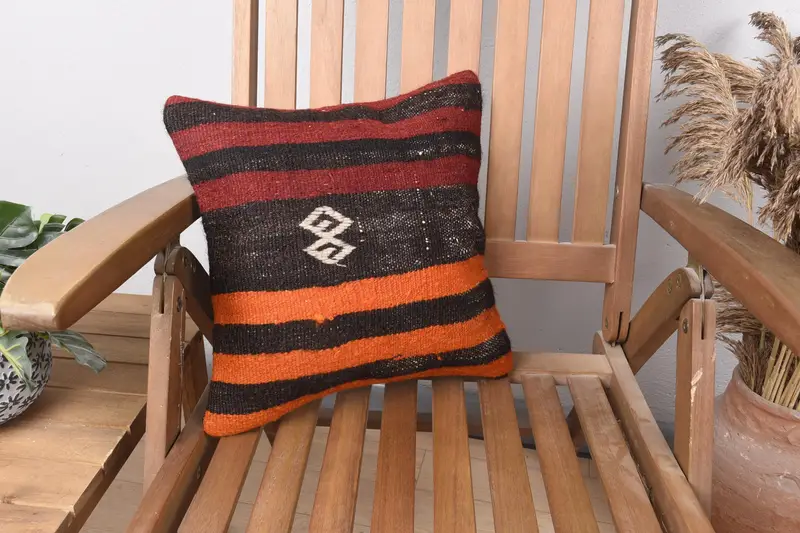 Kilim Pillow, 14x14 Orange Pillow Cover, Cushion, Boho Pillow Sham Cover, Vintage Kilim Throw Pillow, Turkish Rugs Pillow Case - 1