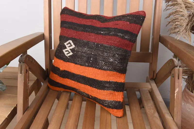 Kilim Pillow, 14x14 Orange Pillow Cover, Cushion, Boho Pillow Sham Cover, Vintage Kilim Throw Pillow, Turkish Rugs Pillow Case - 3