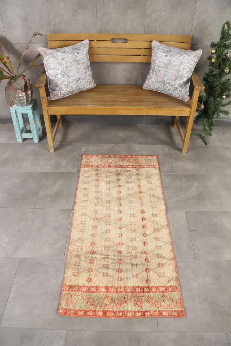 Alfombra turca de 2,2x4,5 pies, alfombra vintage Oushak, alfombra de lana patchwork roja - 1
