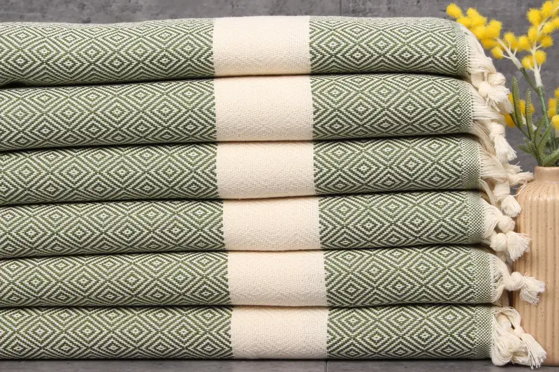 Handwoven Khaki Green Diamond Towel, 20x36 Inches, Organic Cotton