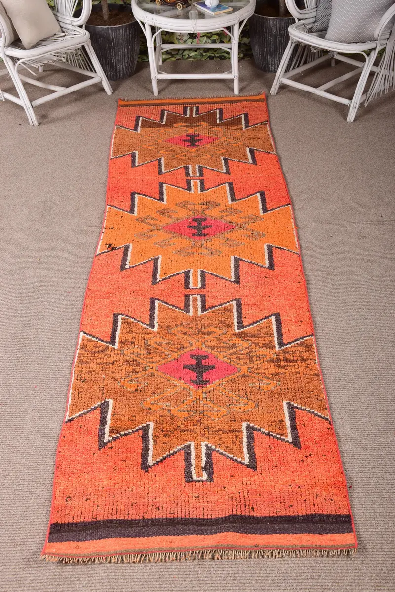 2.6x9.4 ft Türk Halısı, Runner Vintage Halı, Turuncu Oryantal Halı - 1