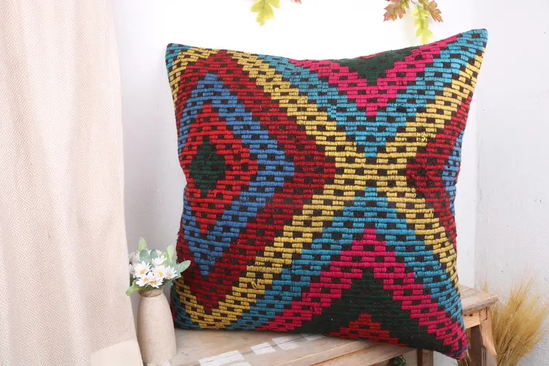 28x28 Blue Pillow Sham, Pillow for Couch, Vintage Pillow, Boho Pillow, Decorative Cushion Cover, Handmade Rug Seat Cushion, Cushion - 4