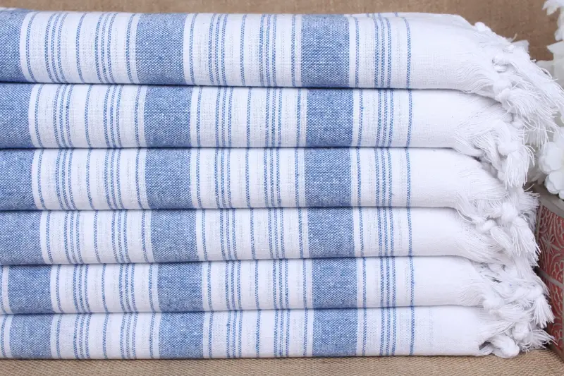カスタムトルコタオル、サックスブルーストライプ、32x67インチ