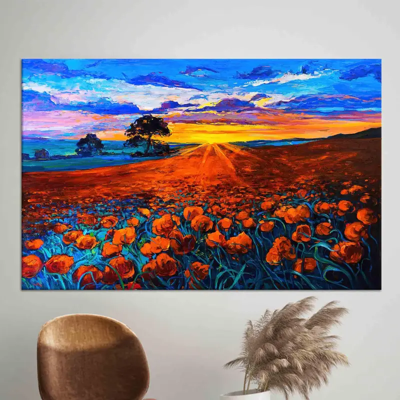 Sunset Blooms: アヘンケシの風景をプリントしたキャンバス