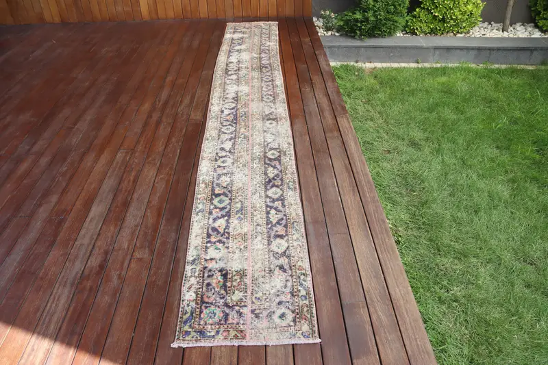 Vintage Halı, 1.6x12.5 ft Yolluk Halı, Mavi Soyut Yün Türk Halısı - 1