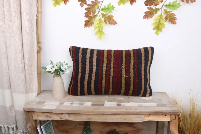 Vintage Pillow, 12x20 Brown Pillow Case, Boho Pillow, Ethnical Kilim Rug Pillow, Crochet Pattern Pillow Cover, Pillow Cover - 1