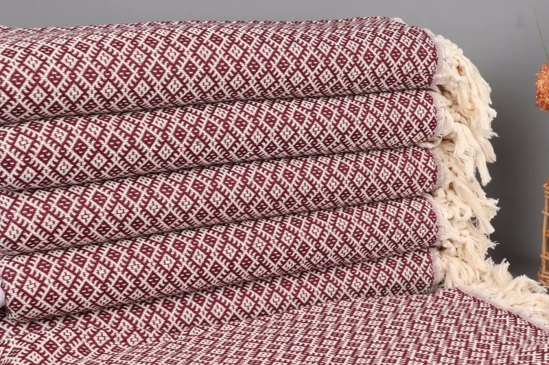 Personalized Turkish Towel Embroidered Burgundy Diamond, 40x71 Inches