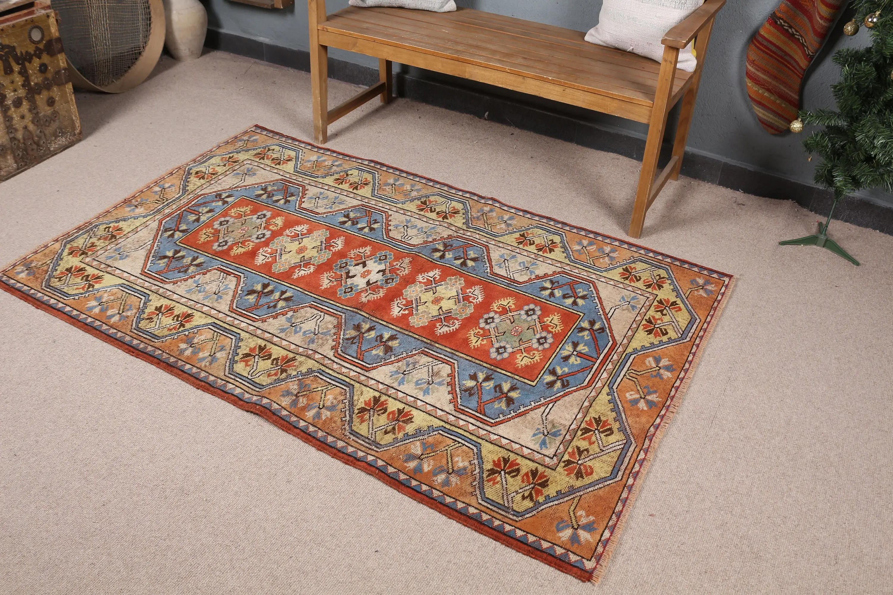 3.8x5.9 ft Türk Halısı, Vintage Halı, Kırmızı Kamuflaj Yün Halı - 1