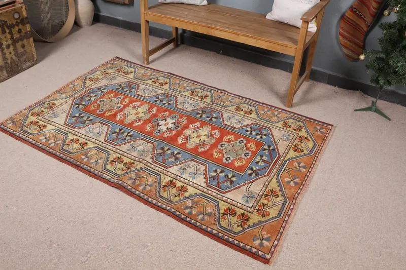 ブルーカモフラージュラグ、3.8x5.9フィート、オレンジアクセント