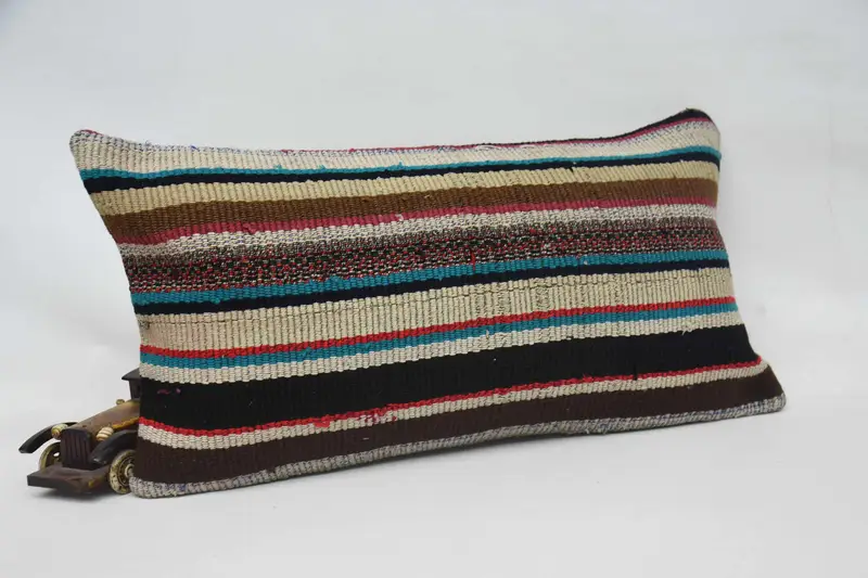 Vintage Kilim Throw Pillow, Handmade Kilim Cushion, Ethnical Kilim Rug Pillow, Pillow Sham, Couch Cushion, 12x24 Blue Cushion Cover - 2
