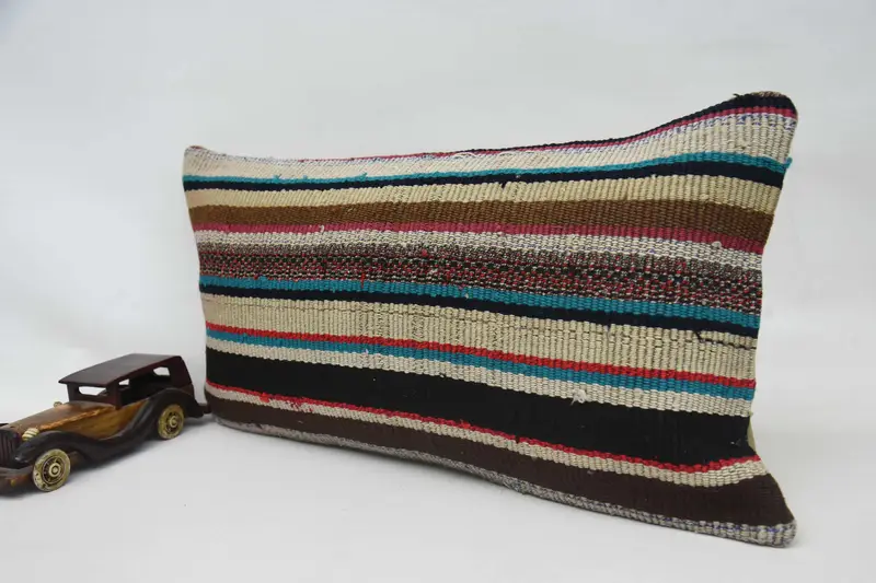 Vintage Kilim Throw Pillow, Handmade Kilim Cushion, Ethnical Kilim Rug Pillow, Pillow Sham, Couch Cushion, 12x24 Blue Cushion Cover - 3