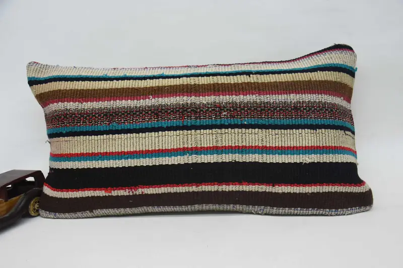 Vintage Kilim Throw Pillow, Handmade Kilim Cushion, Ethnical Kilim Rug Pillow, Pillow Sham, Couch Cushion, 12x24 Blue Cushion Cover - 4