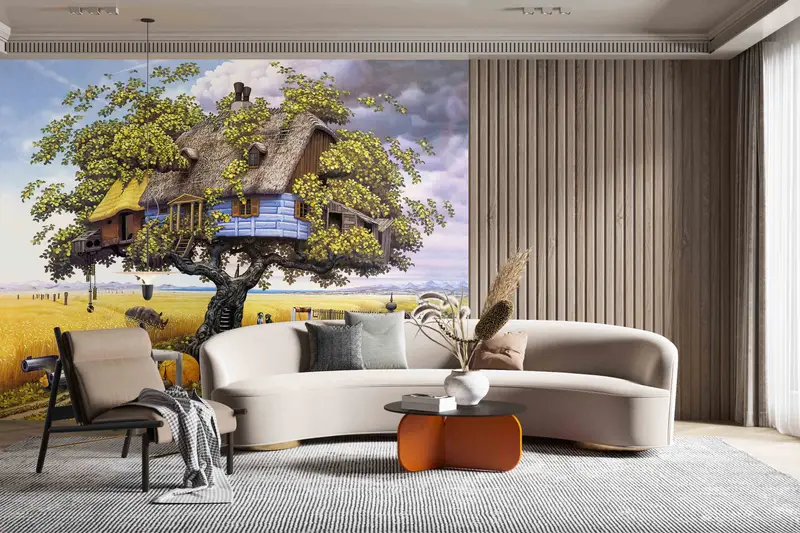 Reproduction Wall Paper, Surreal Wall Paper, Contact Paper, Childhood Dream Wall Paper, Fantasy Tree Paper Art, Modern Wallpaper, - 1