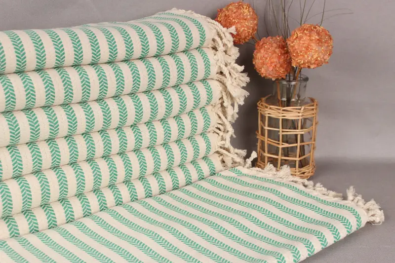 Striped Beach Towel Green Cotton, Personalized Gift, 40x71 Inches