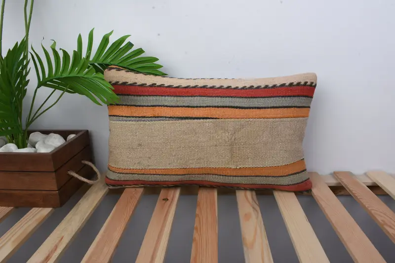Toss Cushion Case, Vintage Kilim Throw Pillow, Throw Kilim Pillow, Antique Pillows, Aesthetic Cushion Cover, Pillow Sham, 12x20 Beige Cushion Cover - 1