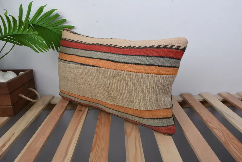 Toss Cushion Case, Vintage Kilim Throw Pillow, Throw Kilim Pillow, Antique Pillows, Aesthetic Cushion Cover, Pillow Sham, 12x20 Beige Cushion Cover - 5