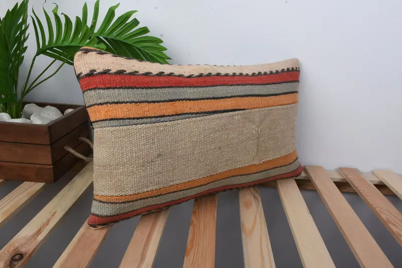 Toss Cushion Case, Vintage Kilim Throw Pillow, Throw Kilim Pillow, Antique Pillows, Aesthetic Cushion Cover, Pillow Sham, 12x20 Beige Cushion Cover - 4