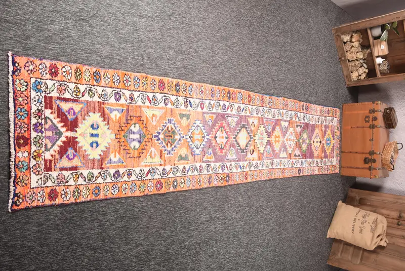 Vintage Turkish Rug 2.7x13 ft (82x395 cm), Herki Orange Geometric Rug - 1