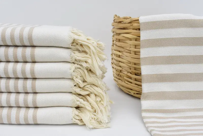 Beige Striped Organic Cotton Turkish Bath Towel, 70x40 Inches