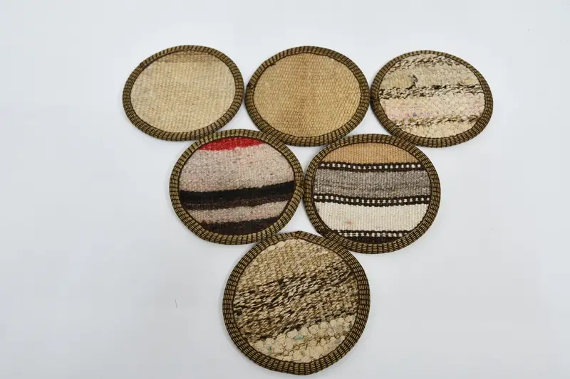 Bohem Bej ve Kahverengi Yuvarlak Bardak Altlıkları, Dokuma Bohem Bardak Altlıkları