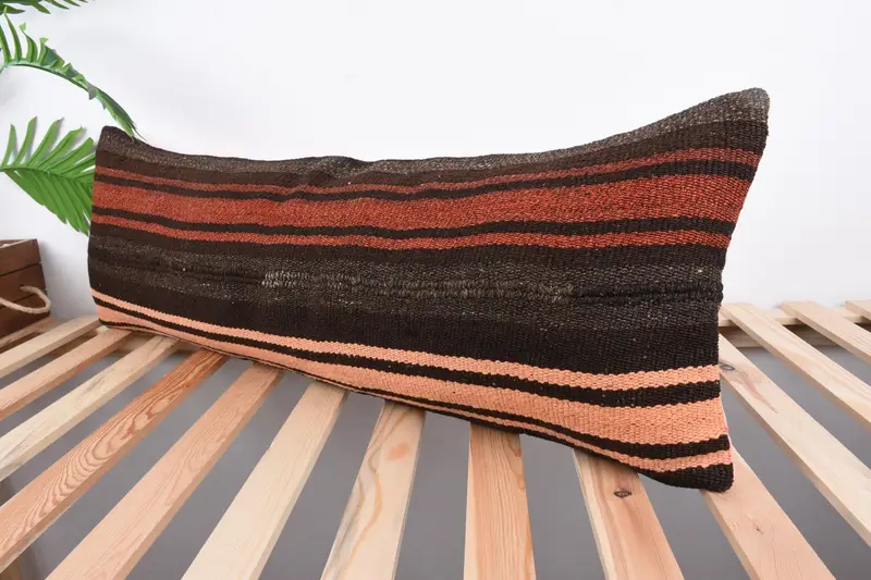 Throw Kilim Pillow, Turkish Pillow, Kilim Pillow Cover, Accent Cushion Case, Chair Cushion, 12x36 Brown Pillow Case, Cushion Case - 5