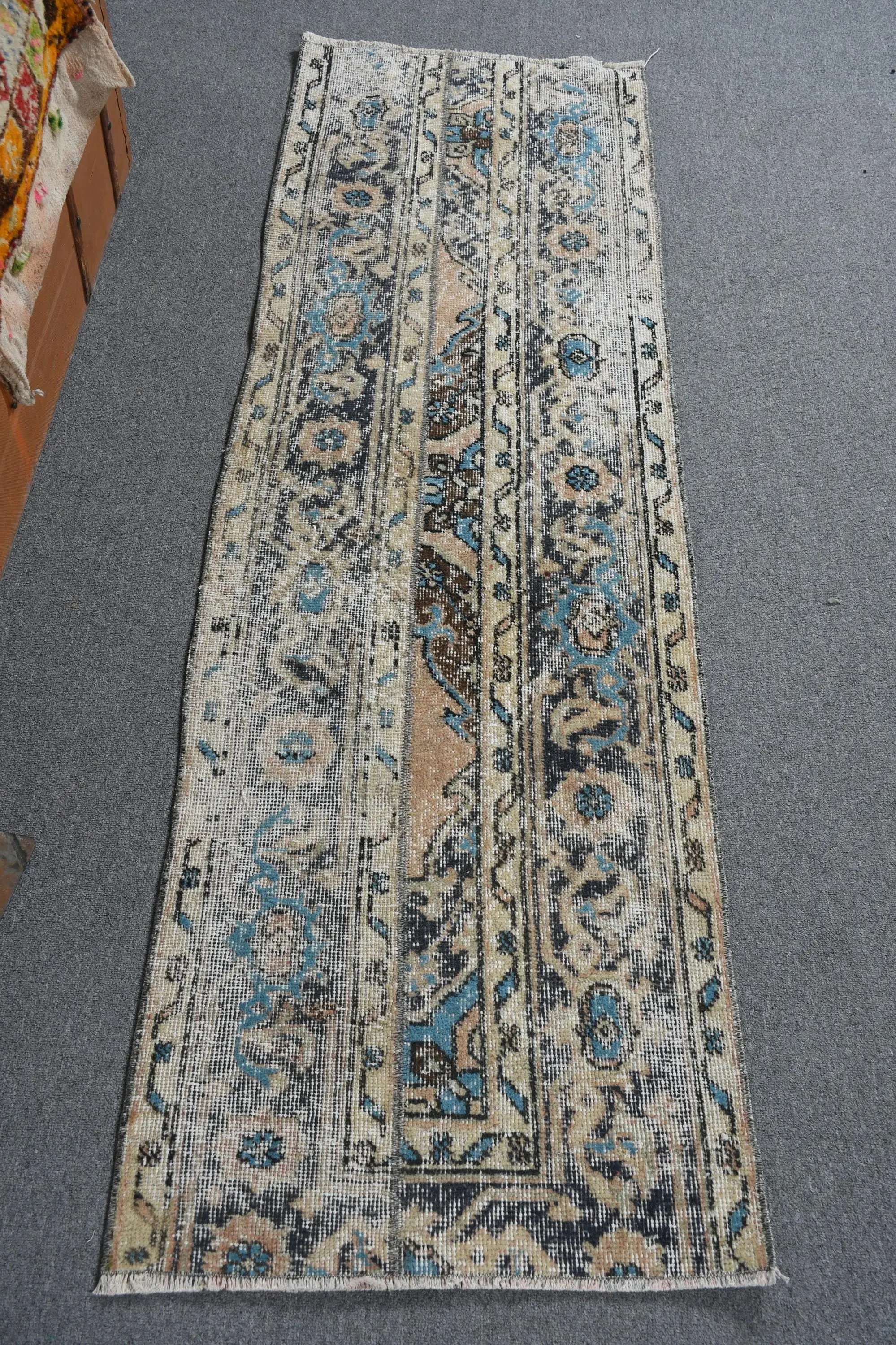 1.9x6.1 ft Turkish Rug, Vintage Runner Rug, Blue Brown Bordered Rug - 1