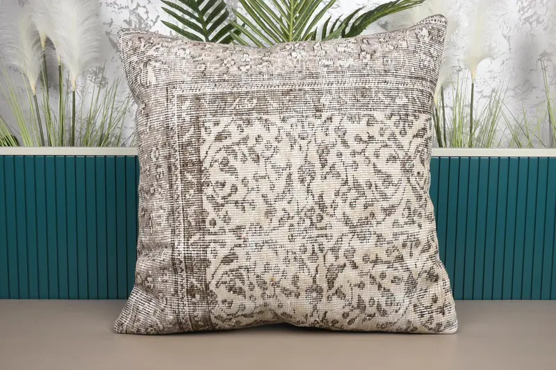 Vintage Pillow, 70x70 cm Beige Cushion Cover, Large Square Moroccan Pillow Sham - 1