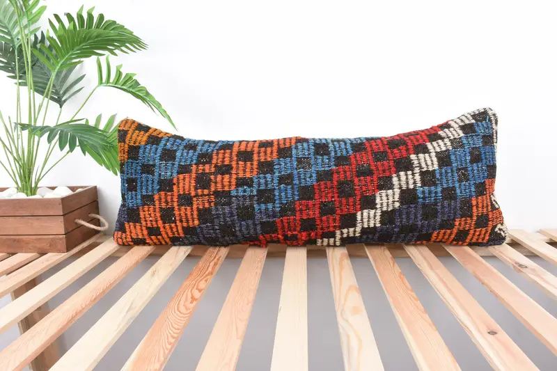 Pillow Cover, Kilim Cushion Sham, Vintage Pillow, Handmade Throw Pillow Sham, Turkish Kilim Pillow, 12x36 Blue Pillow, Comfy Throw Cushion Case - 1
