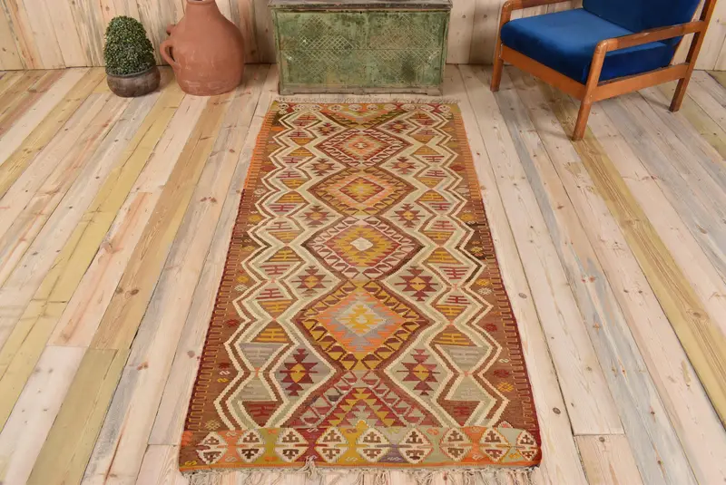 Green & Orange Rug, 3,1x6,8 ft Geometric Floral Design