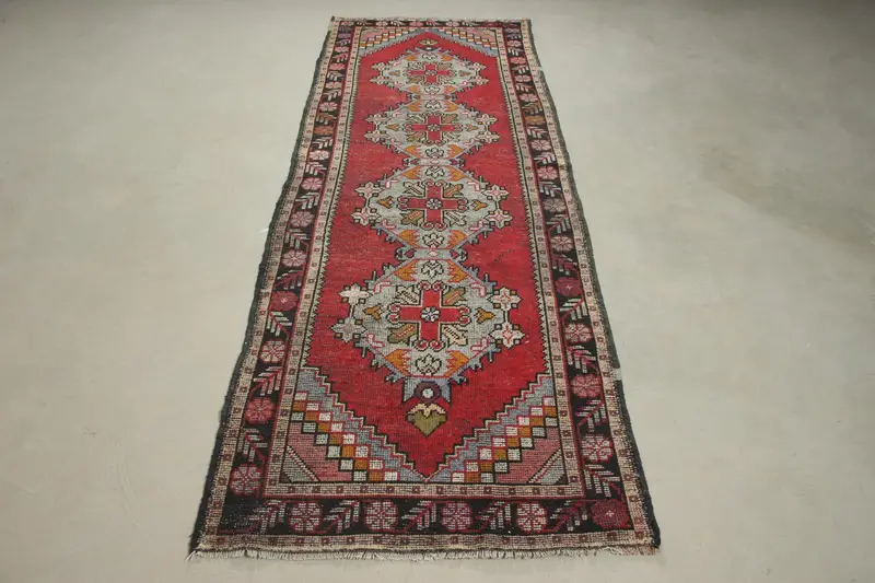 Red Oriental Rug, 3x8.5 ft Elegant Gray Accent