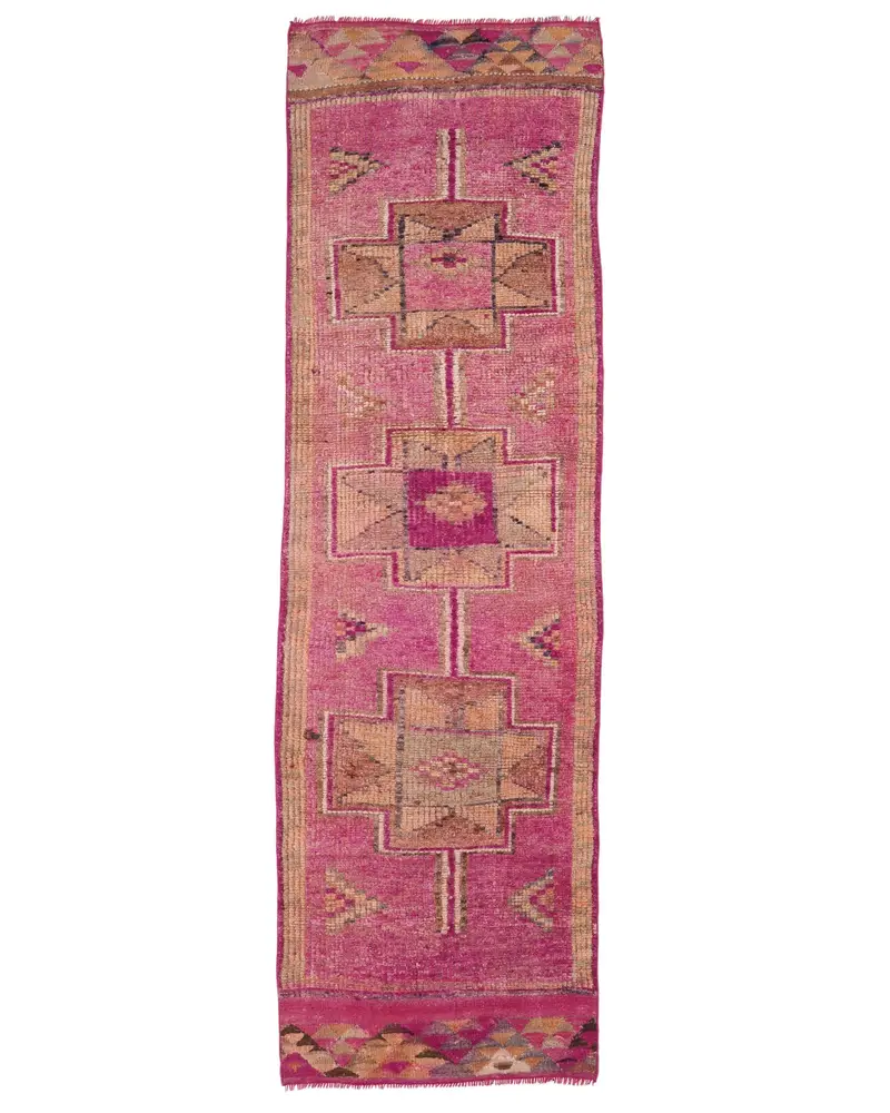 エレガントな2.8x9.9フィートのラグ、ピンク&ブラウンの幾何学模様の花柄