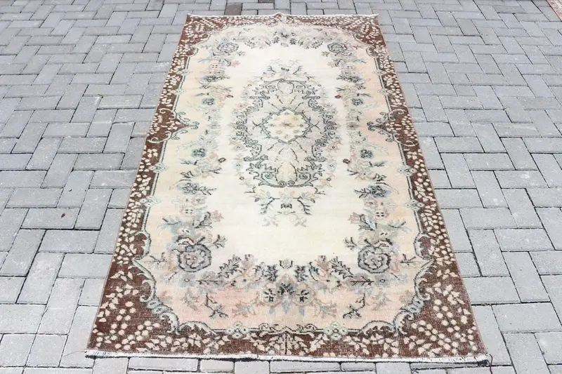 3,7x6,8 ft türkischer Vintage-Teppich, Teppich, braun-blauer floraler Wollteppich - 1