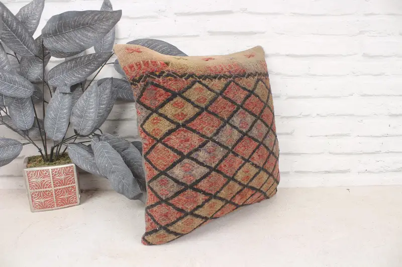 Turkish Corner Pillow Cover, Pillow for Sofa, Pillow Cover, Vintage Kilim Pillow, 16x16 Brown Pillow Cover, Vintage Pillow - 3