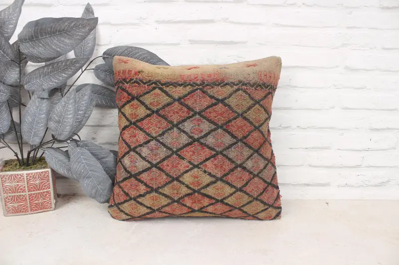 Turkish Corner Pillow Cover, Pillow for Sofa, Pillow Cover, Vintage Kilim Pillow, 16x16 Brown Pillow Cover, Vintage Pillow - 1