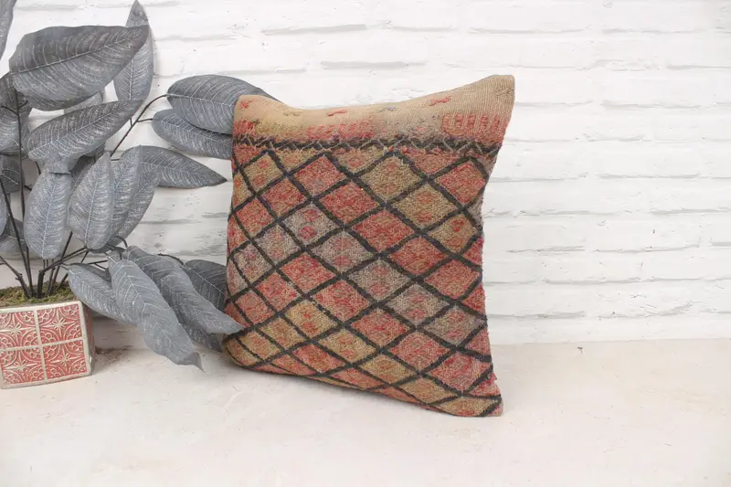 Turkish Corner Pillow Cover, Pillow for Sofa, Pillow Cover, Vintage Kilim Pillow, 16x16 Brown Pillow Cover, Vintage Pillow - 4