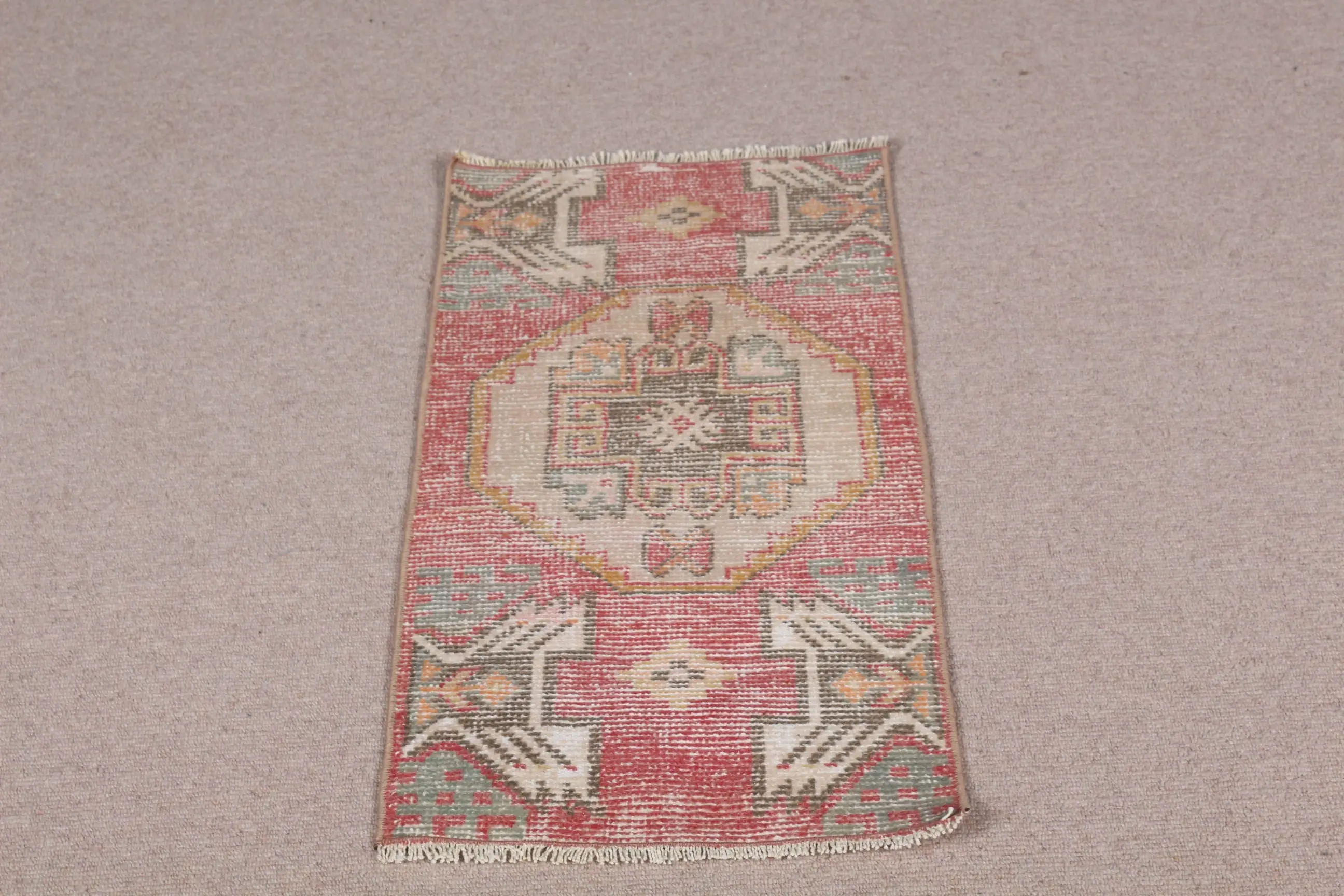 1.4x2.8 ft Rug, Turkish Vintage Rug, Red Camouflage Wool Rug - 1