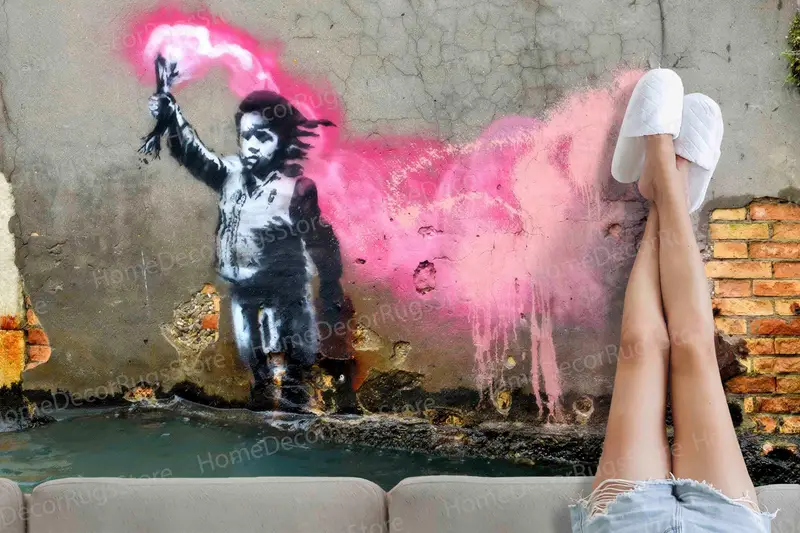 Migrant Child Banksy Print Rug, Graffiti Street Art Design