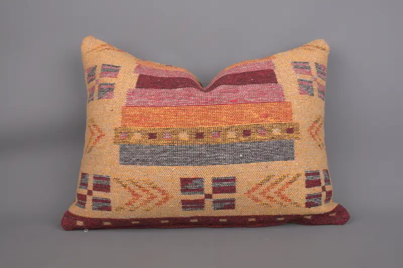 Orange & rotes geometrisches Kissen, handgemachtes Vintage Leinenkissen