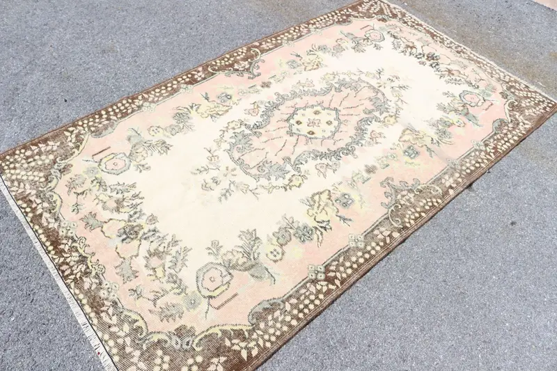 Vintage Türk Halısı, 3.9x7 ft Oushak Halı, Kahverengi Çiçekli Yün Halı - 1