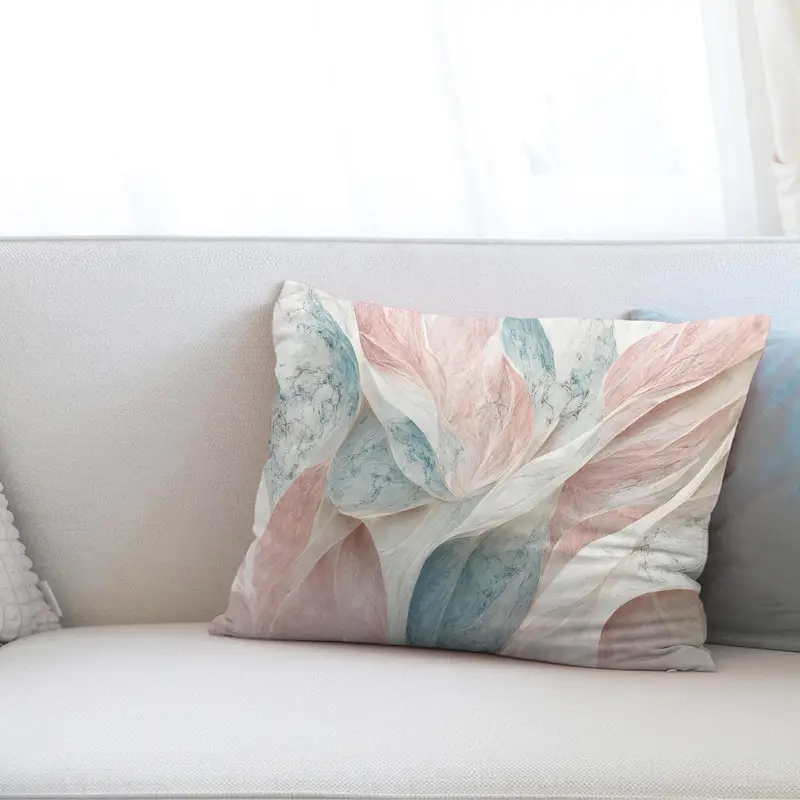 Modernes Kissen mit abstraktem Musterdruck in Rosa, Blau und Weiß