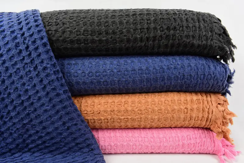 Turkish Boho Throw Blanket Navy Waffle, Personalized, 103x79 Inches