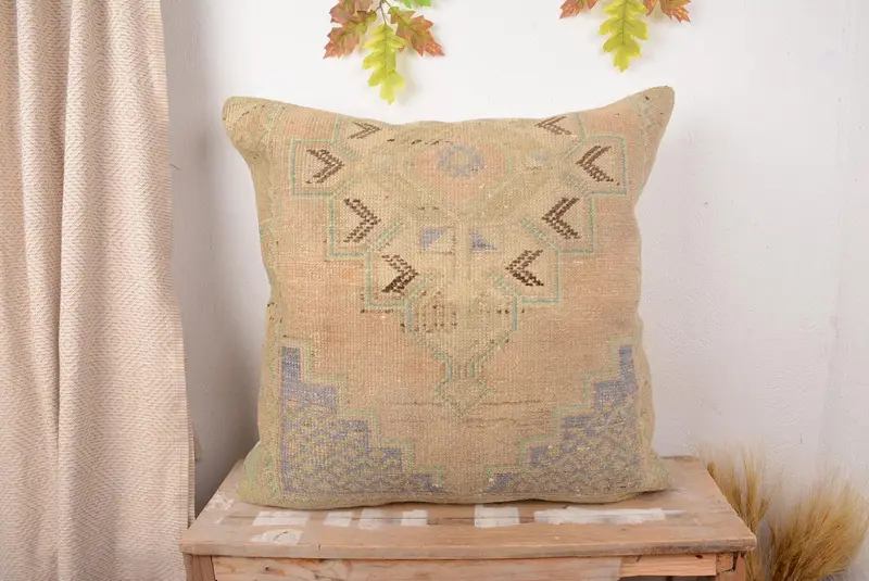 Beige & Bronze Southwestern Throw Pillow, Vintage Embroidered Cushion