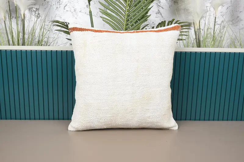 ベージュ & オレンジ ストライプ クッション、20x20 刺繍クッション