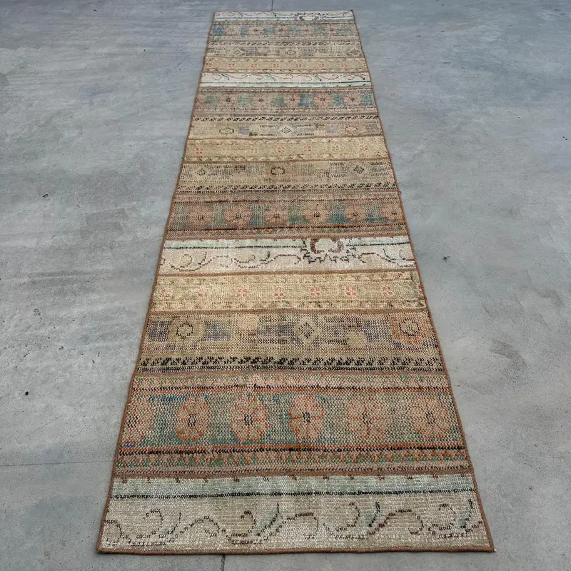 Turkish Runner Rug 2.7x9.8 ft, Vintage Oushak Brown Animal Print Wool Rug - 1