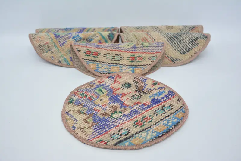 Blue and Beige Kilim Placemats, Set of Six 10"x10" Table Decor