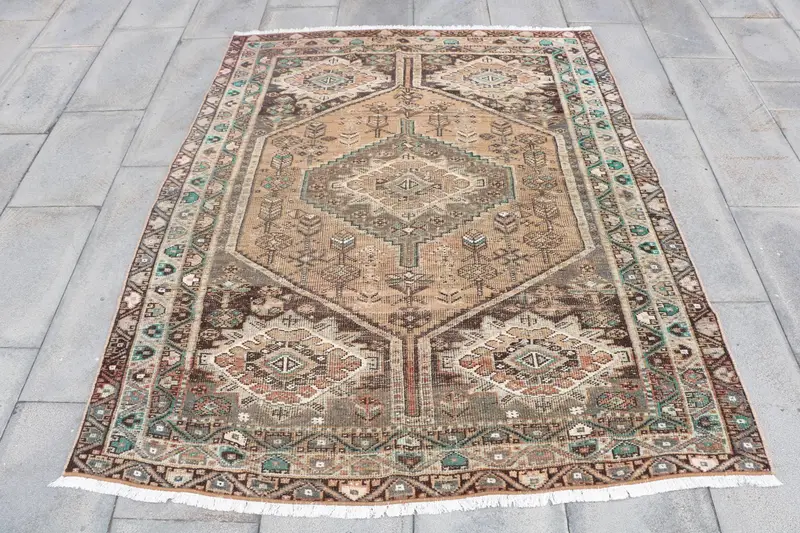 Vintage Teppich, 4,9x5,8 ft türkischer Teppich, braun grün gestreifter Wollteppich - 1