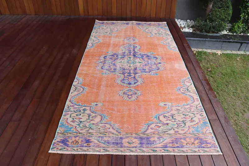 Oushak Rug, 4.2x9 ft Vintage Rug, Orange Moroccan Rug Wool - 1