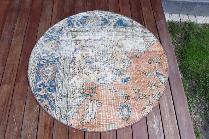 Handmade Orange Rug, 3,2x3,2 ft with Blue Accents