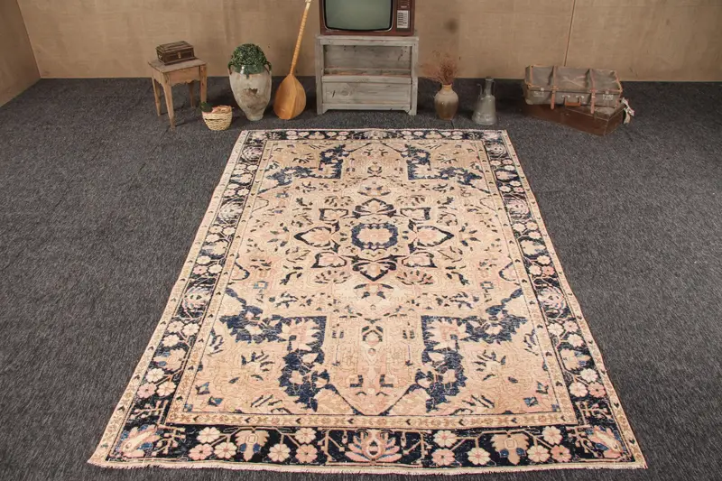 Vintage Türk Halısı, 6.7x9.6 ft Büyük Halı, Mavi Beyaz Soyut Halı - 1