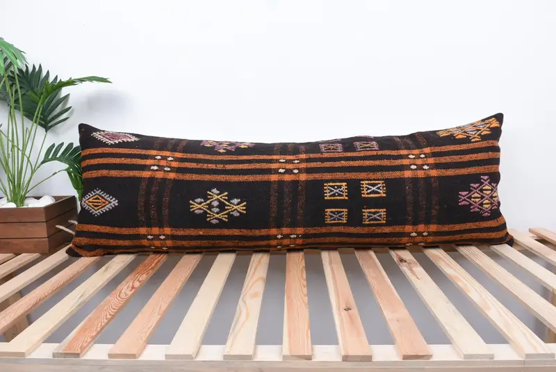Boho Pillow Sham Cover, Nautical Throw Pillow Cover, Ethnical Kilim Rug Pillow, 16x48 Brown Pillow, Vintage Kilim Pillow, Cushion - 1